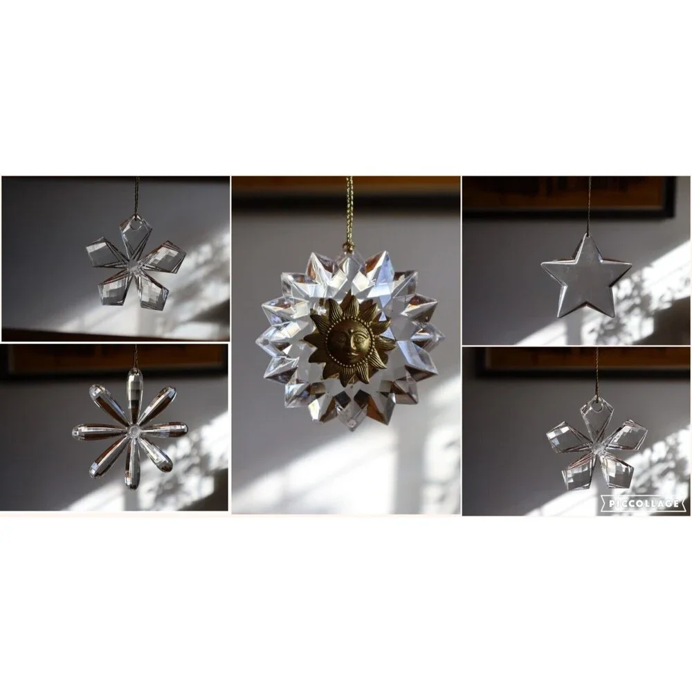 Lot of 5 Plastic Acrylic Clear Snowflake Ornaments Sun Face Celestial Sunburst - Picture 1 of 12